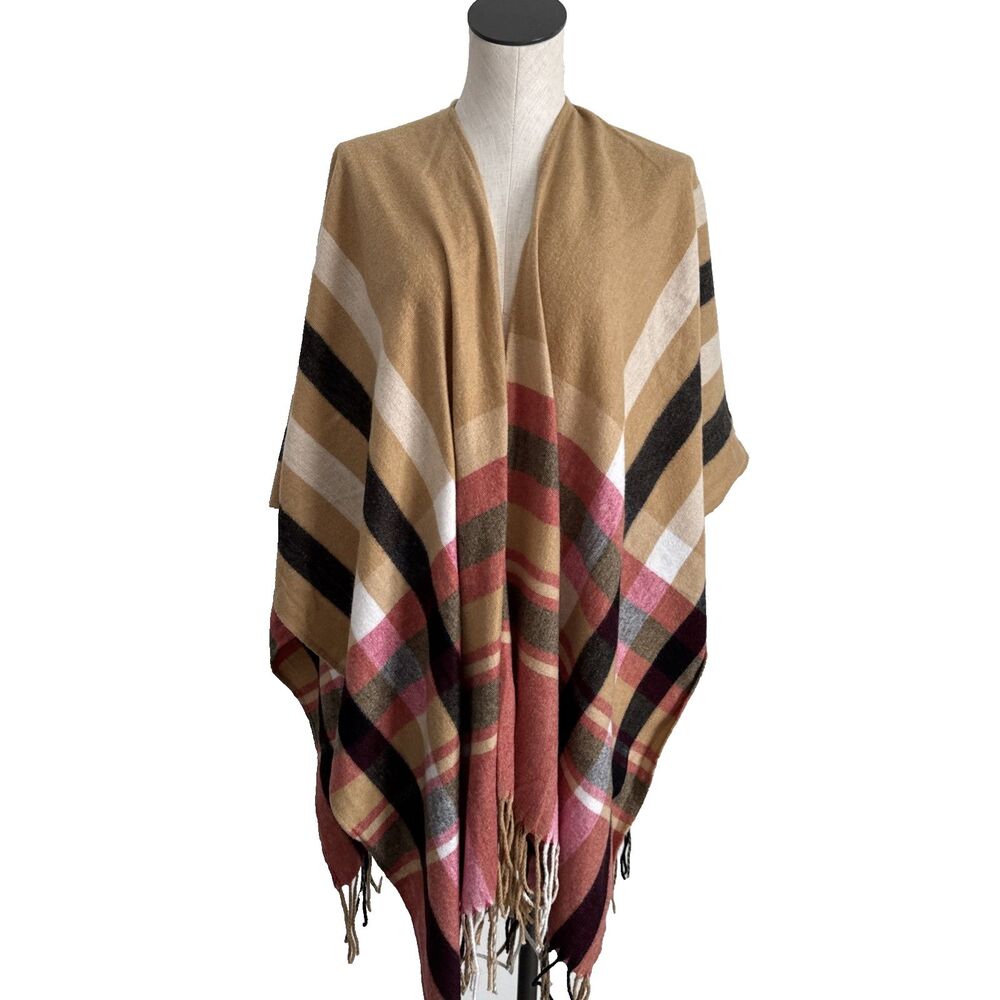 Woolrich Plaid Fringe Fall Poncho Wrap Shawl Scarf Blanket One Size